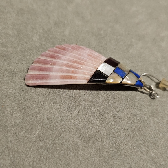 Santo Domingo Shell Lapis Lazuli Inlay Drop Earrings Native American Vintage S - Picture 6 of 8